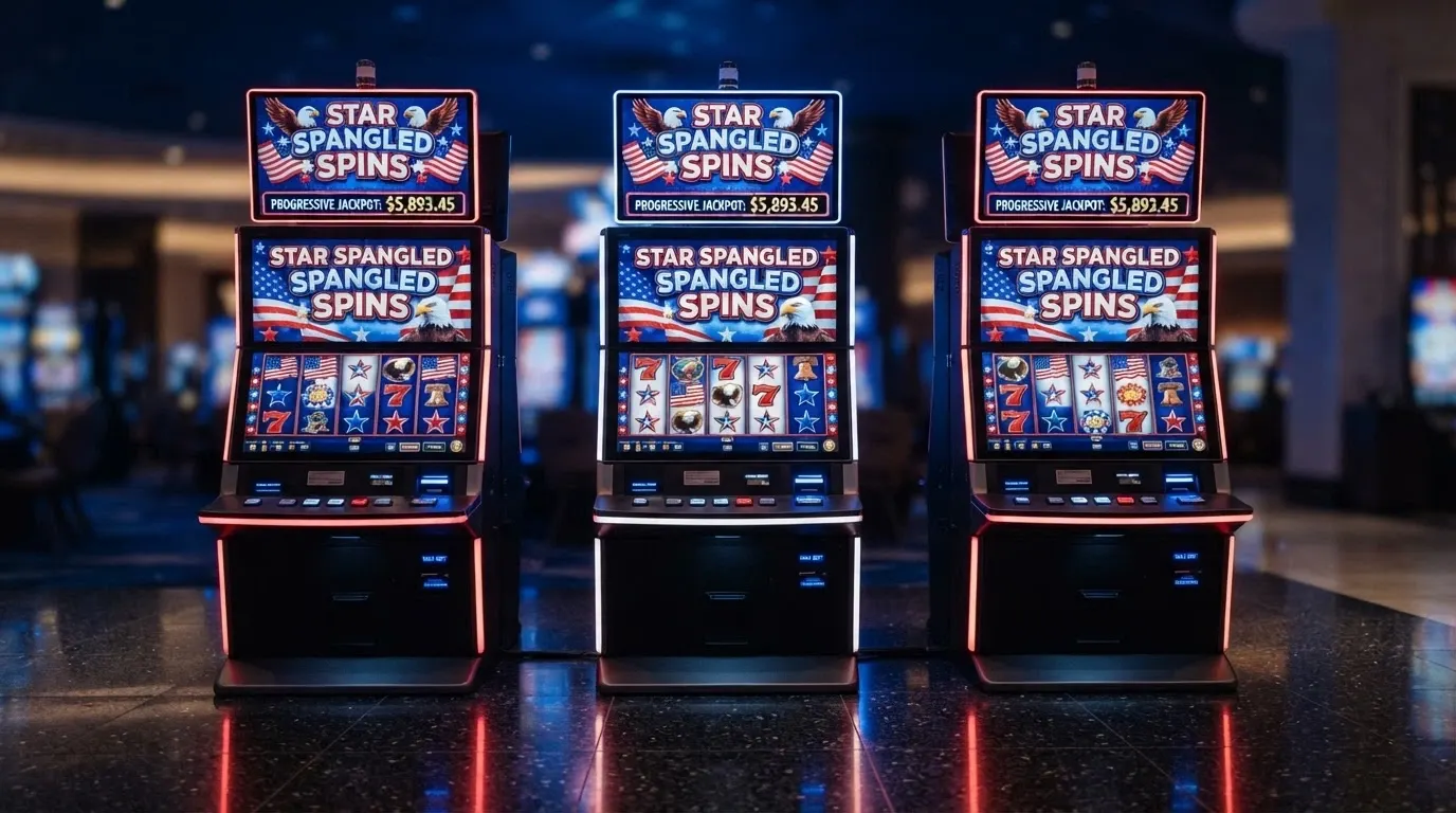 Tre slot machine affiancate con grafica a tema bandiera USA, simboli patriottici e rulli illuminati, inquadratura frontale