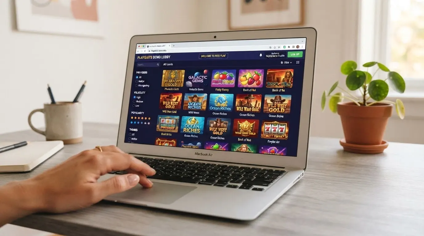 Una griglia di slot machine in miniatura su una piattaforma di aggregazione demo, con filtri per provider e volatilità visibili nella barra laterale