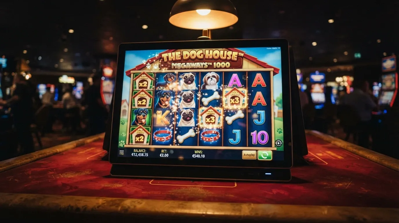 Un primo piano dei rulli di una slot machine online con simboli di cani e cuccioli in stile cartone animato, colori caldi e una grafica vivace