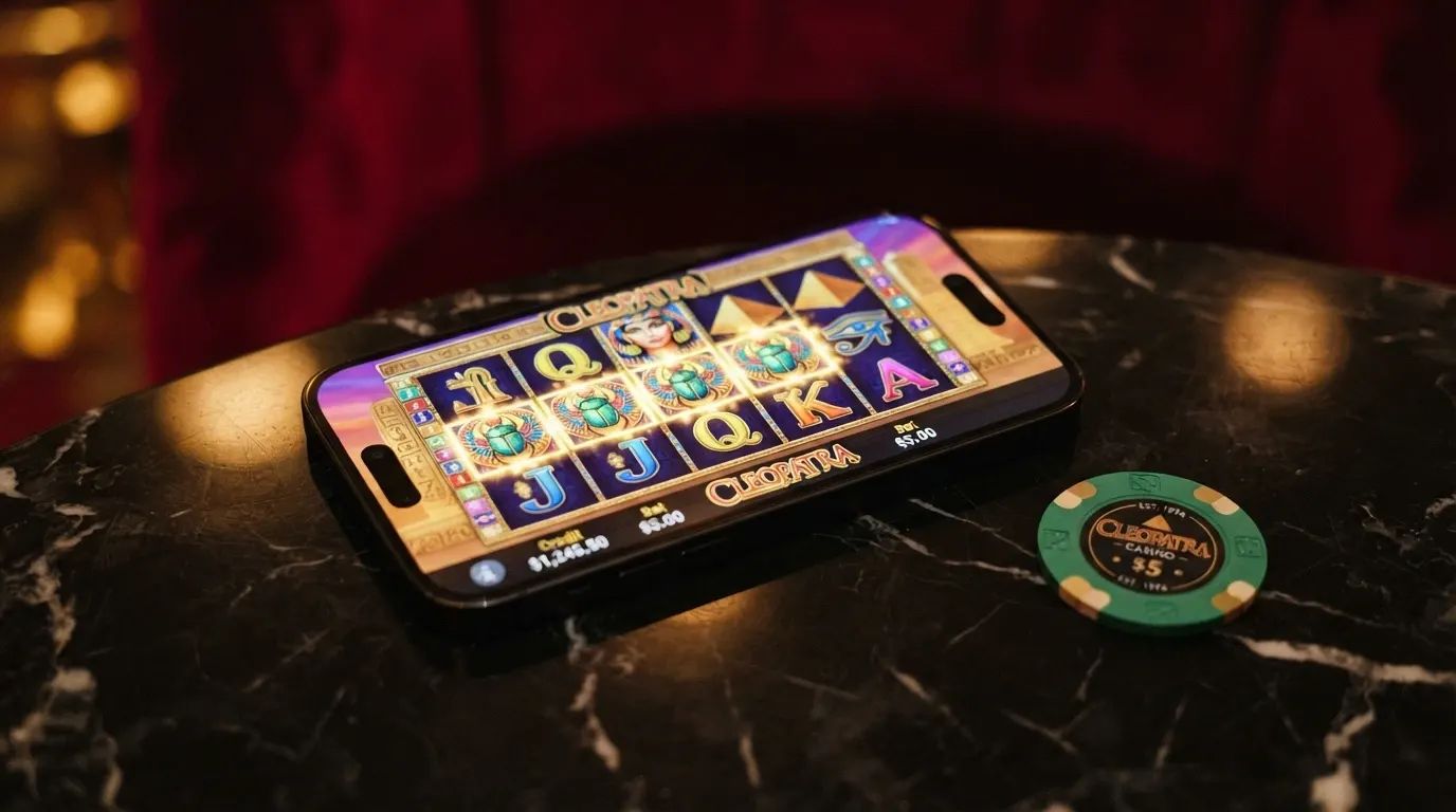 L'interfaccia della slot Cleopatra di IGT con i rulli 5×3, i simboli egizi e il pannello delle vincite