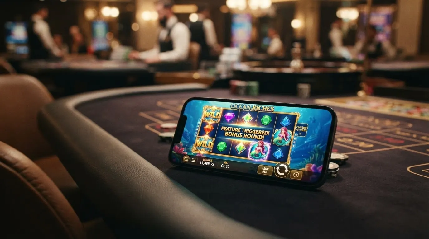 Una schermata di lobby di casinò online con slot in evidenza (Book of Dead, Sweet Bonanza, Starburst) e la sezione live casino sullo sfondo