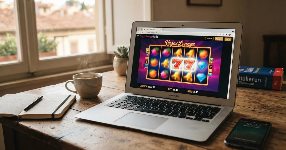 Una schermata di una slot machine in esecuzione nel browser di un computer portatile, senza software installato, con crediti virtuali visibili e il simbolo del caricamento istantaneo HTML5