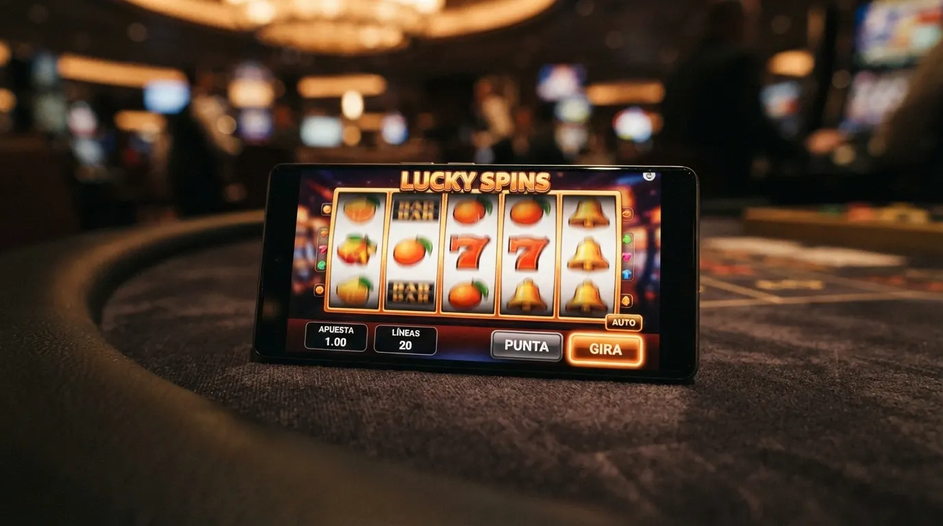 Uno smartphone Android in orientamento orizzontale con una slot machine in esecuzione, i rulli visibili e l'interfaccia touch con i pulsanti di puntata e giro.