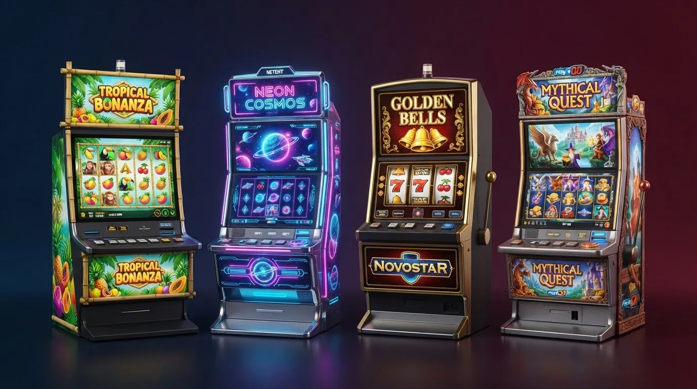 Una griglia di quattro slot machine online affiancate, ciascuna di un provider diverso (Pragmatic Play, NetEnt, Novomatic, Play'n GO), con stili grafici e temi differenti a mostrare la varietà del catalogo