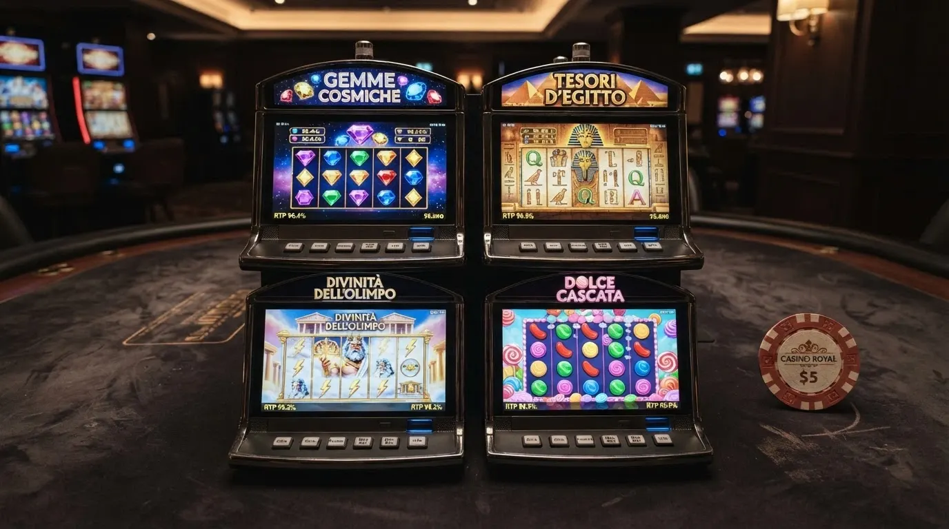 Una griglia di quattro slot popolari (Starburst, Book of Dead, Gates of Olympus, Sweet Bonanza) con i loro RTP in sovraimpressione su ogni copertina