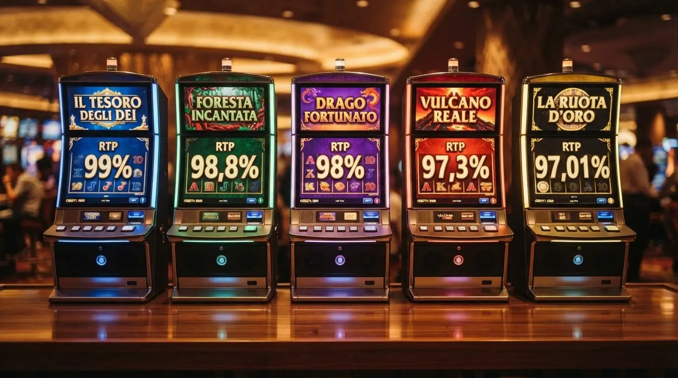 Una griglia visiva con cinque slot machine colorate in fila, ciascuna accompagnata dal proprio nome e dalla percentuale RTP in evidenza