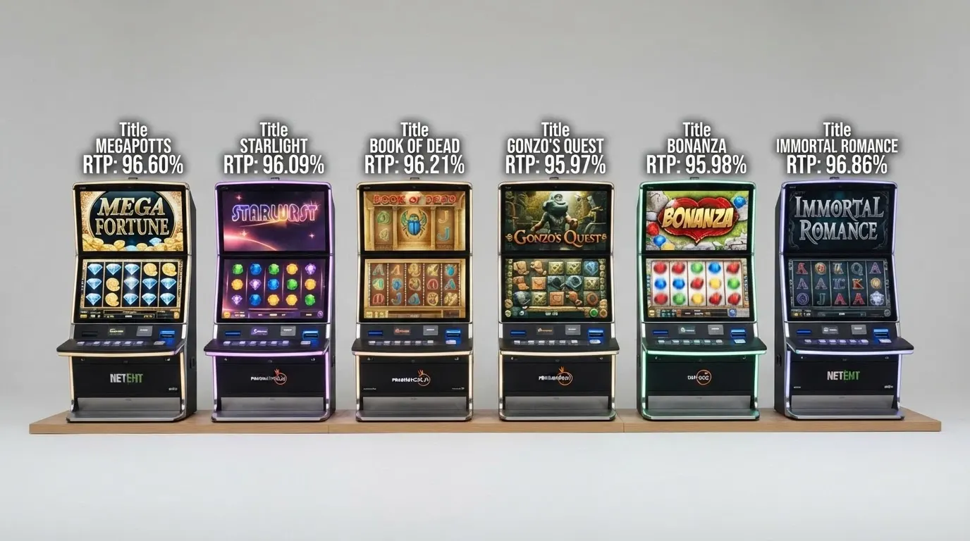 Una griglia di sei slot machine online affiancate, ciascuna con il proprio titolo e la percentuale RTP in evidenza sopra i rulli, ordinate da sinistra (RTP più alto) a destra
