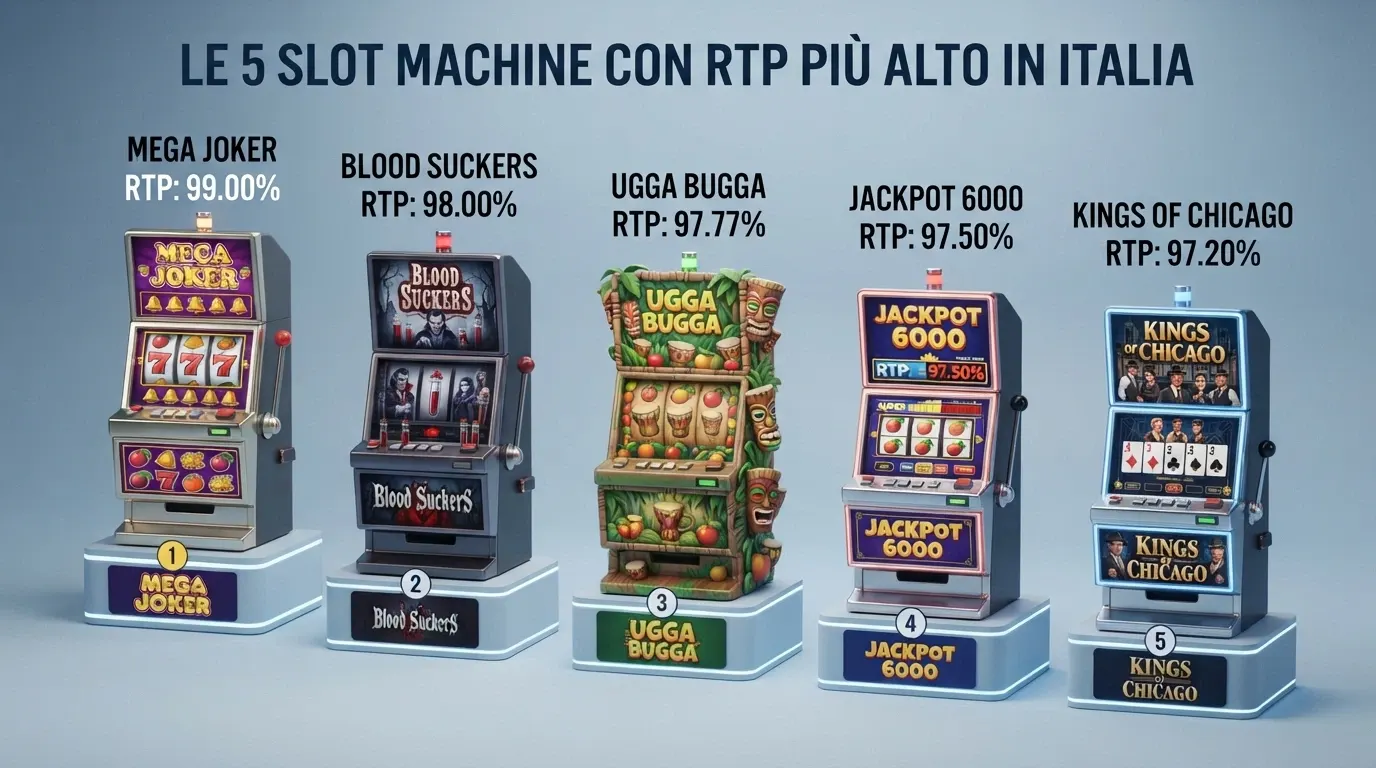 Schema visivo che mette a confronto cinque slot machine con le rispettive percentuali RTP in evidenza, disposte in ordine decrescente