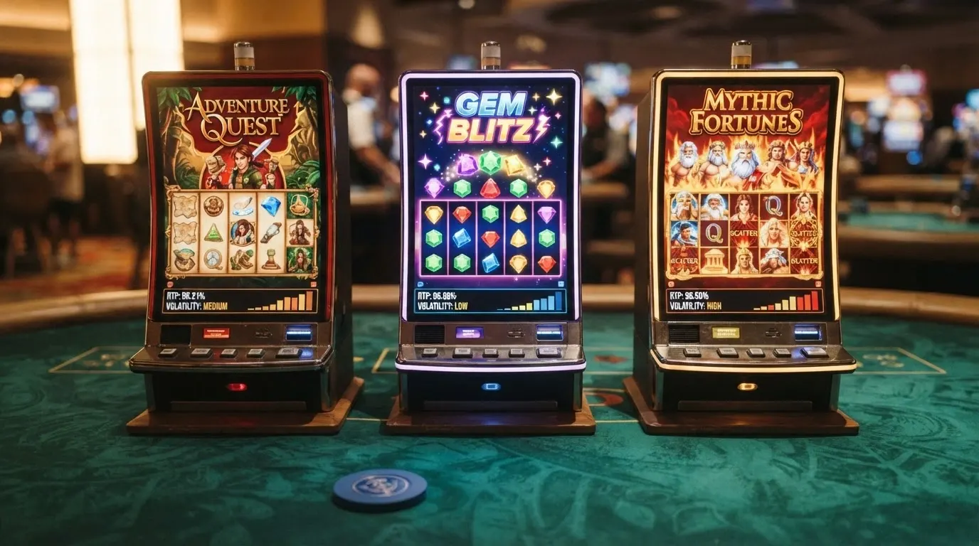 Tre slot machine affiancate — Book of Dead, Starburst e Gates of Olympus — con il valore RTP in evidenza e una barra della volatilità sotto ciascuna