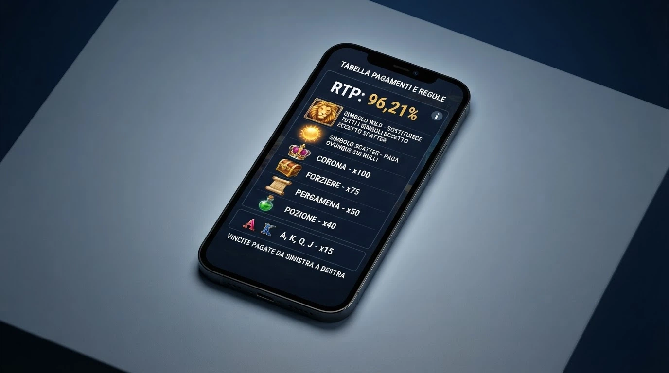 Schermata di una slot machine online con il pannello informativo aperto: valore RTP, tabella dei pagamenti e simboli speciali