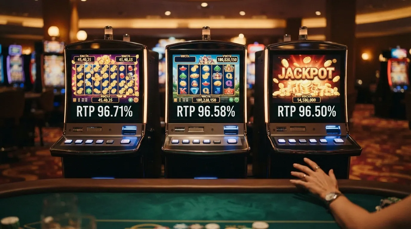 Tre slot machine affiancate — una a volatilità bassa con vincite piccole e frequenti, una a volatilità media e una ad alta volatilità con una vincita rara ma grande — ciascuna con il proprio RTP in evidenza