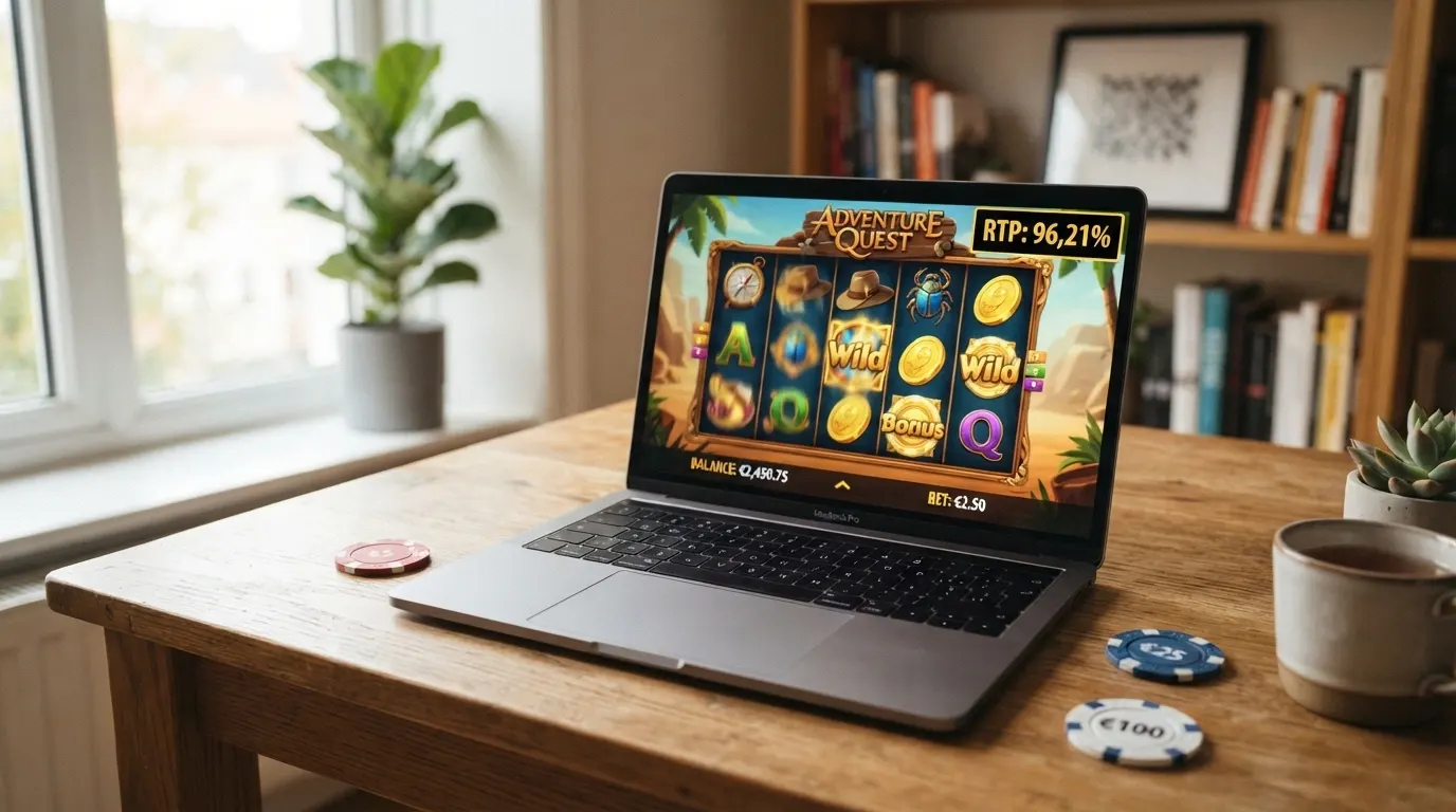 L'interfaccia di una slot machine online con l'indicatore RTP in evidenza, affiancata da icone di poker, roulette e blackjack