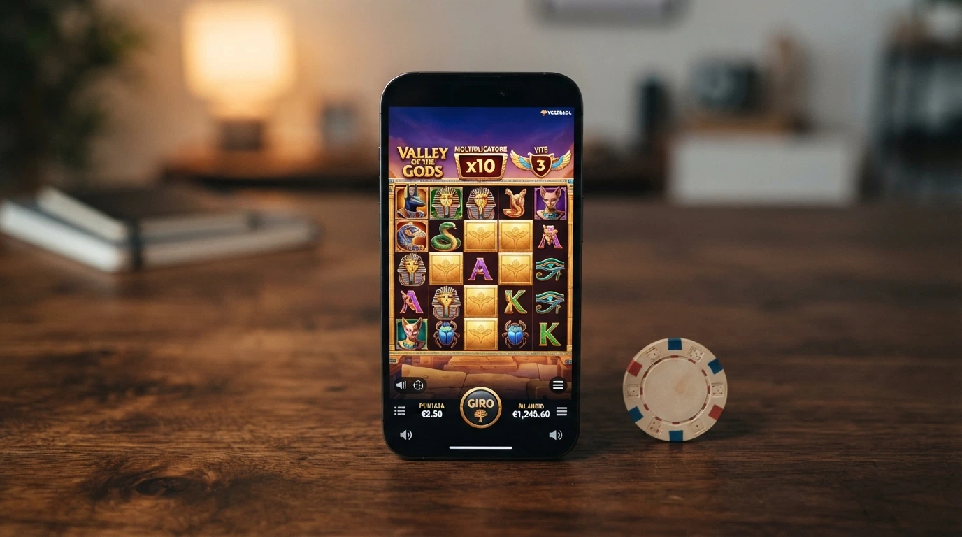 Schermata della slot Valley of the Gods di Yggdrasil con la griglia 5×5, simboli egiziani e il moltiplicatore attivo