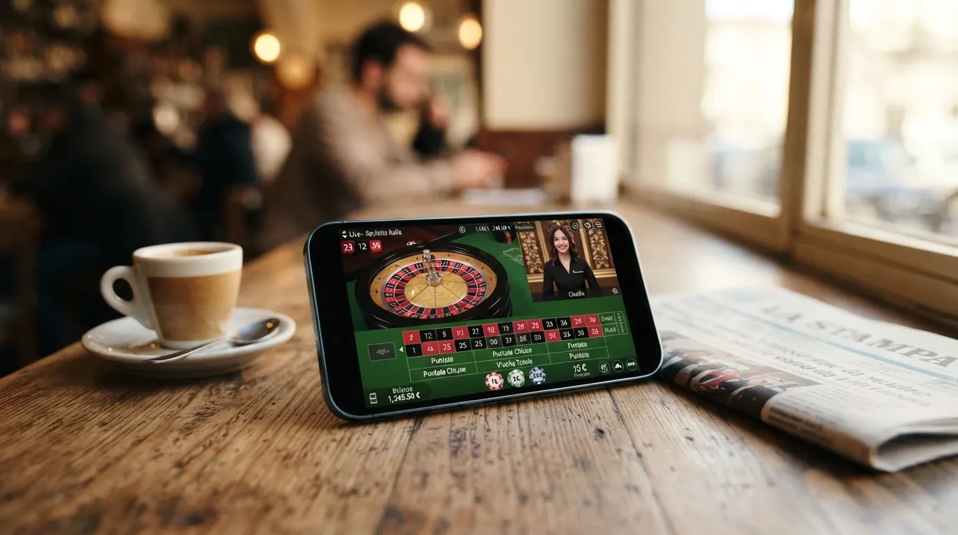 Schermata di uno smartphone che mostra un tavolo live Evolution Gaming in orientamento landscape con interfaccia di puntata ottimizzata per touch