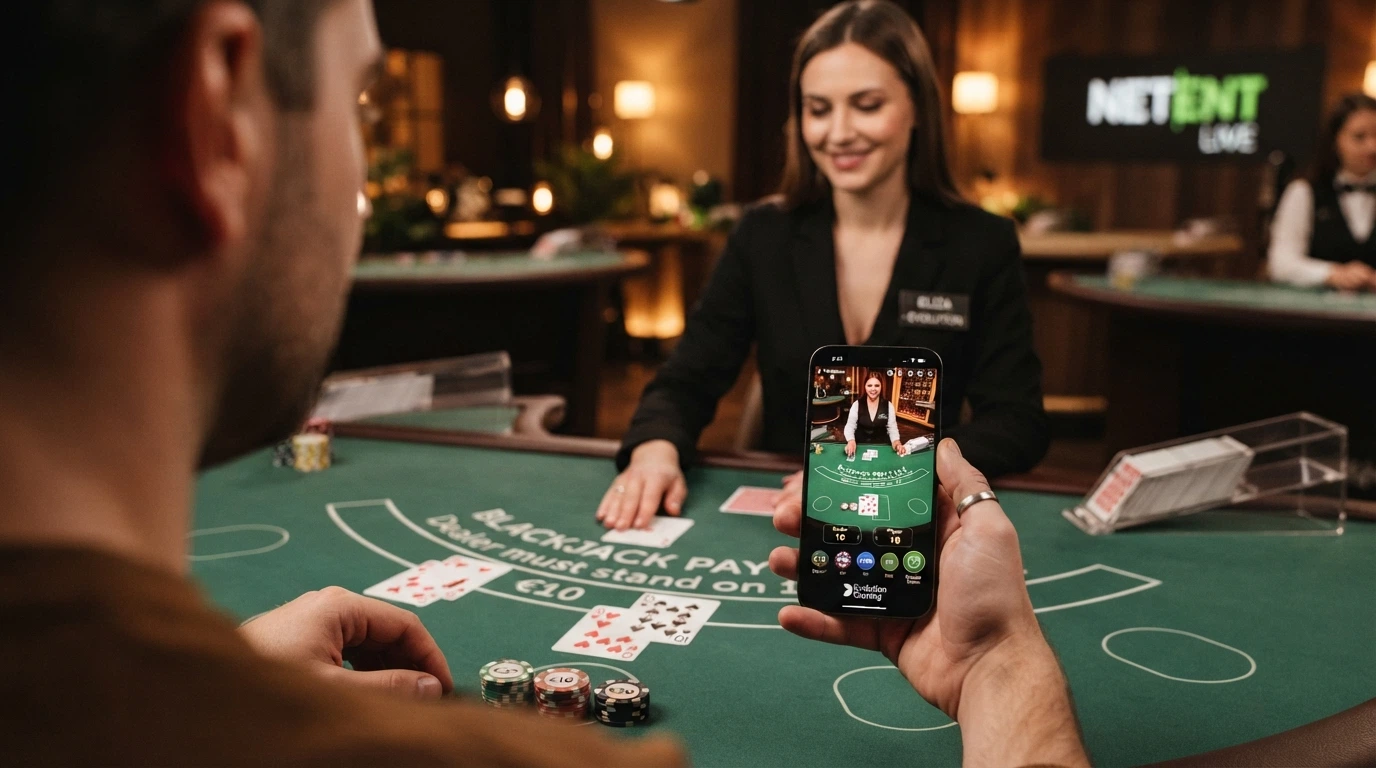 Un primo piano di una mano di blackjack dal vivo in streaming HD, con carte sul tavolo verde e l'interfaccia utente visibile sullo schermo di uno smartphone