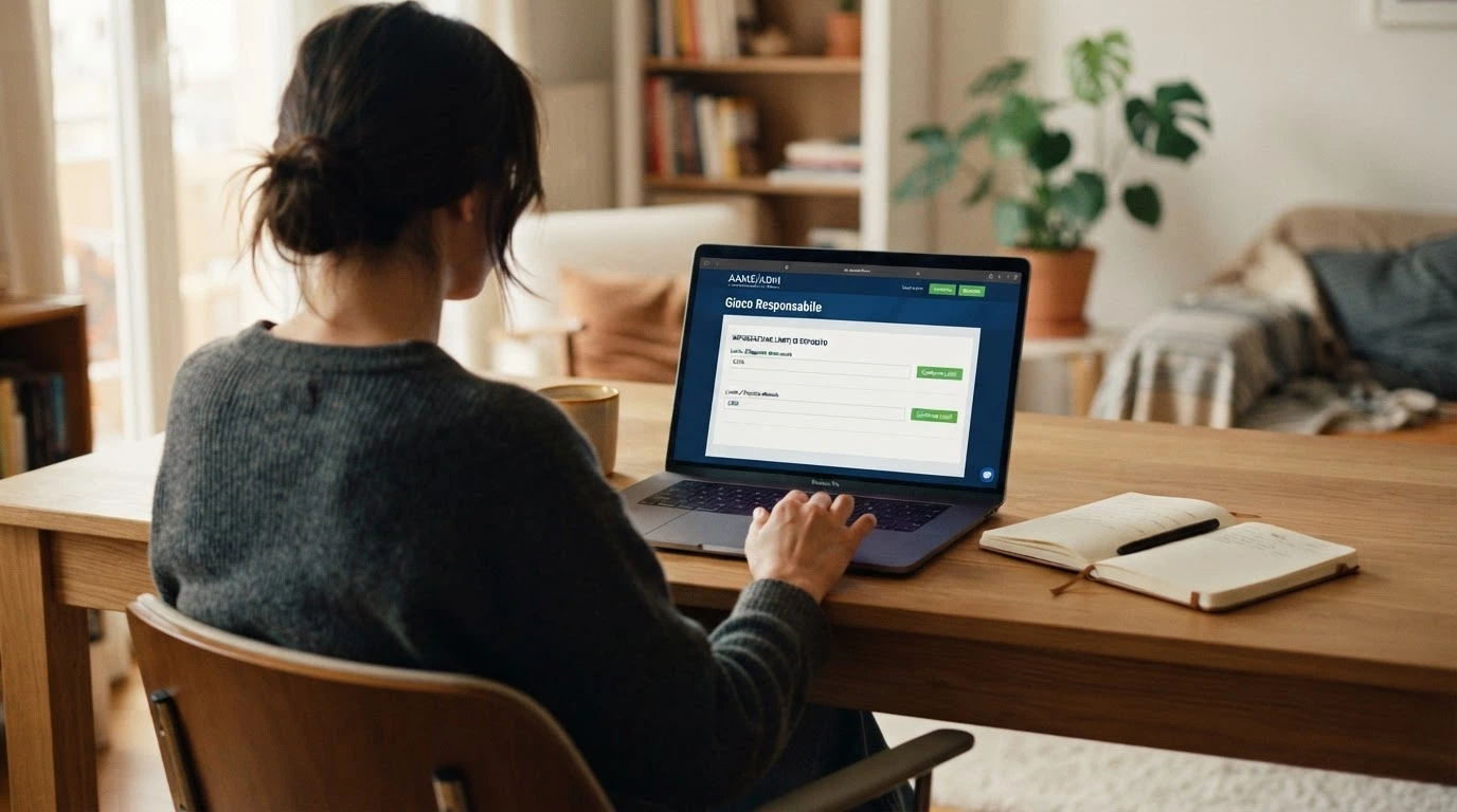 L'interfaccia dell'area riservata di un casinò online con concessione ADM, con il pannello dei limiti di deposito settimanale e mensile aperto e i campi compilabili visibili