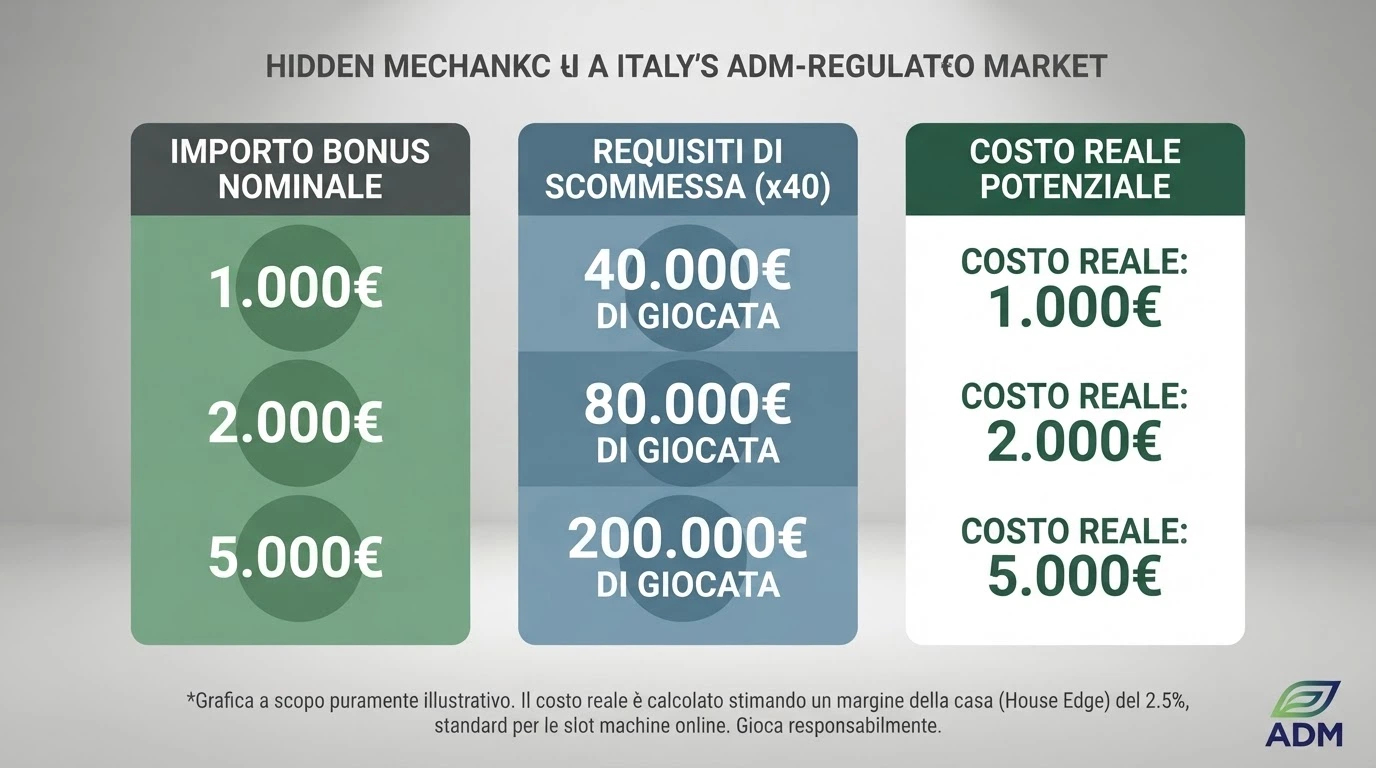 Un'illustrazione comparativa che mostra tre colonne — importo nominale del bonus, requisito di puntata, costo reale stimato — con valori tipici del mercato ADM