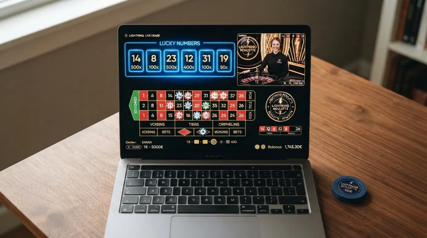 L'interfaccia di gioco di Lightning Roulette con la griglia delle puntate, il racetrack e lo stream live del croupier in sovrimpressione sullo schermo di un computer.