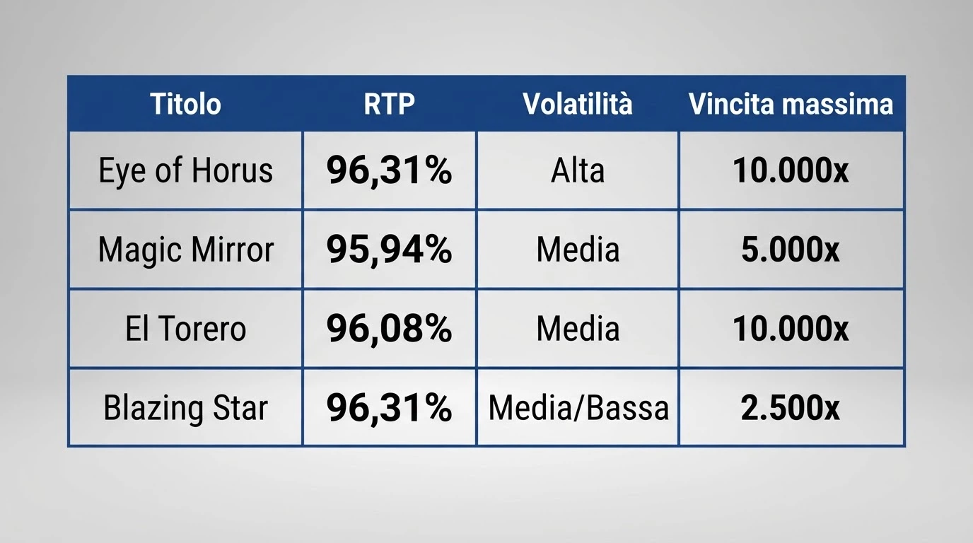 Una tabella comparativa con i quattro titoli Merkur verificati (Eye of Horus, Magic Mirror, El Torero, Blazing Star) affiancati dai rispettivi valori di RTP, volatilità e vincita massima.