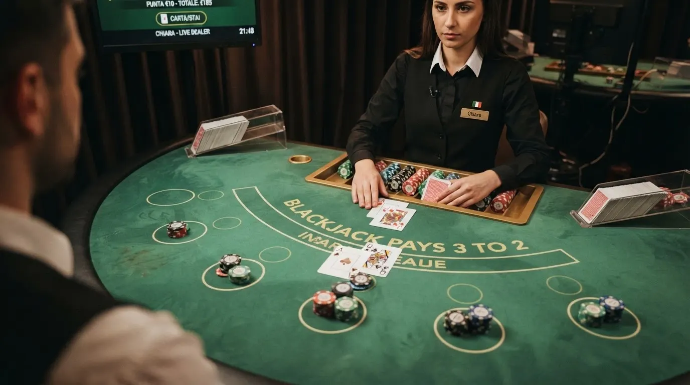 Un tavolo da blackjack live con sette posti occupati, le carte scoperte sul tavolo verde, il dealer in piedi e l'interfaccia di puntata sovraimpressa in italiano
