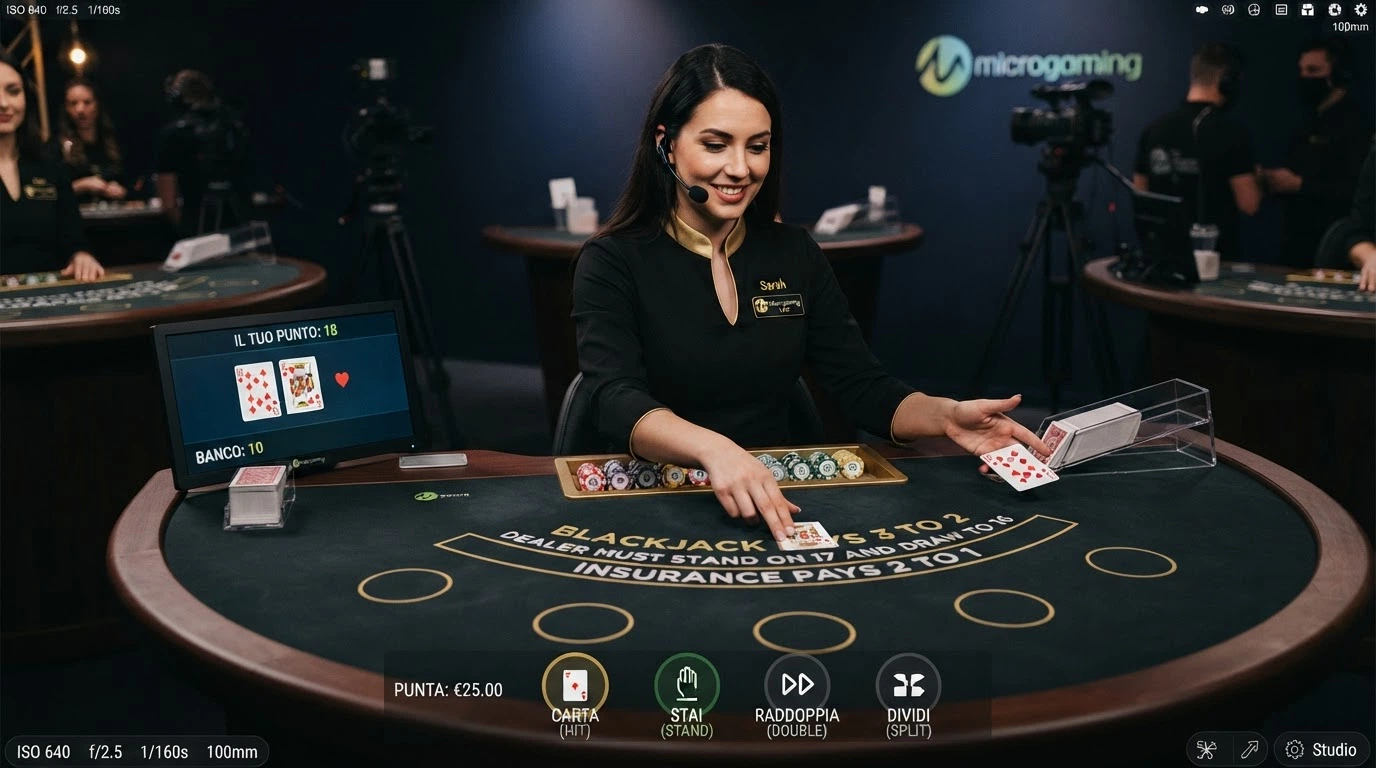Tavolo da blackjack dal vivo con croupier in uniforme in uno studio Microgaming, ripreso da più angolazioni con interfaccia di puntata a schermo
