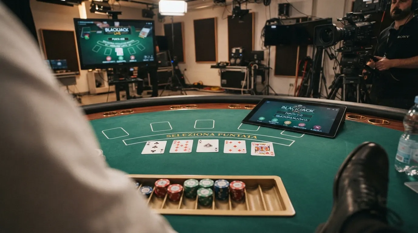 Un tavolo da blackjack dal vivo con croupier in uniforme, ripreso da più angolazioni, con l'interfaccia di puntata visibile sullo schermo di un computer