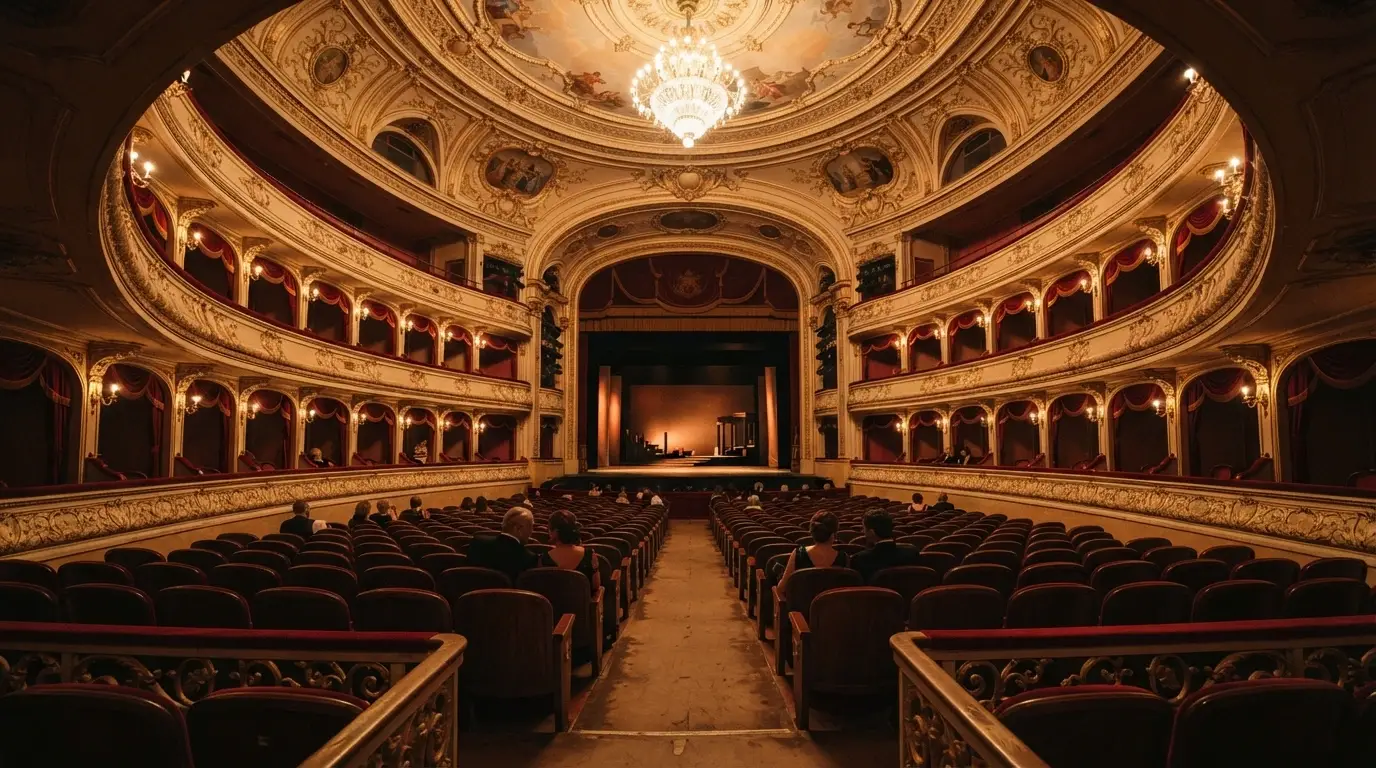 Interno del Teatro dell'Opera del Casinò di Sanremo con platea, galleria e palchi
