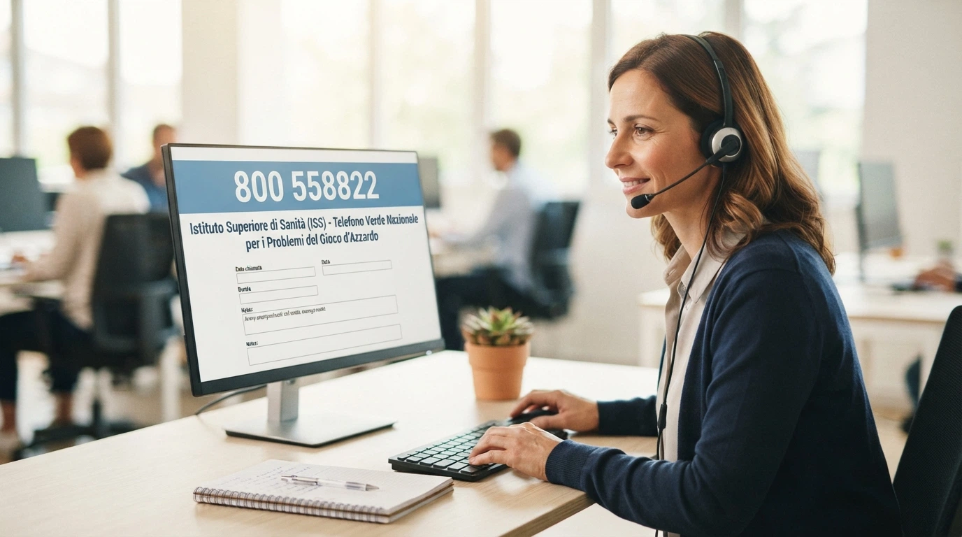 Operatore telefonico con cuffia e schermo che mostra il numero verde 800 558822 accanto al logo dell'Istituto Superiore di Sanità
