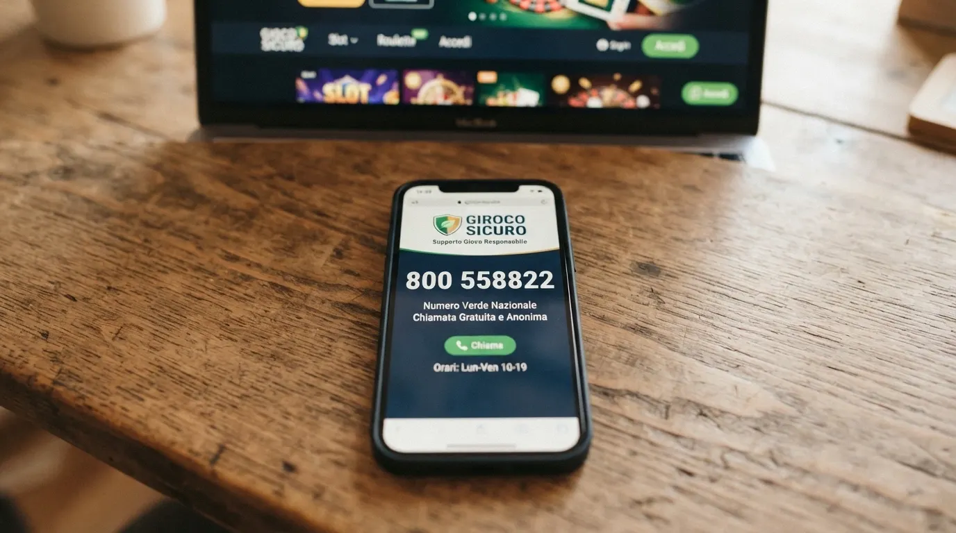 Il numero verde 800 558822 su uno schermo con l'interfaccia dell'app Gioco Sicuro di Sogei in primo piano e, sullo sfondo sfocato, la sagoma di un sito offshore