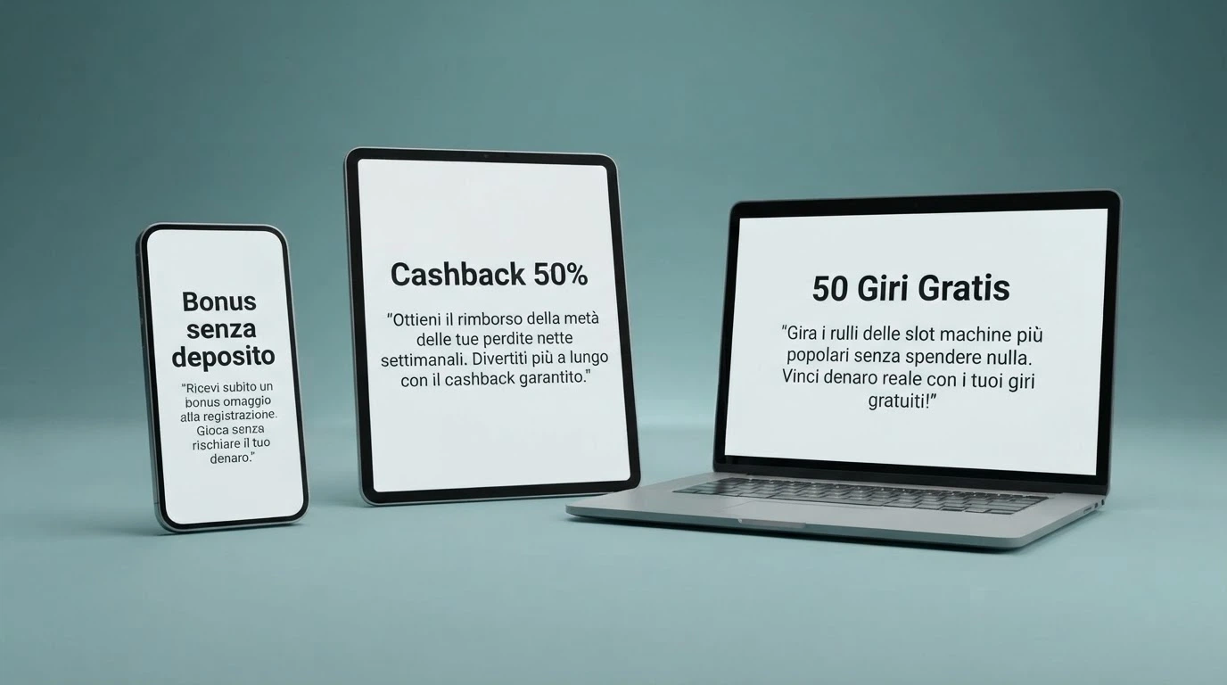 Una schermata comparativa con tre riquadri che mostrano le condizioni di un bonus senza deposito, un cashback e dei giri gratis, ciascuno con il proprio wagering in evidenza