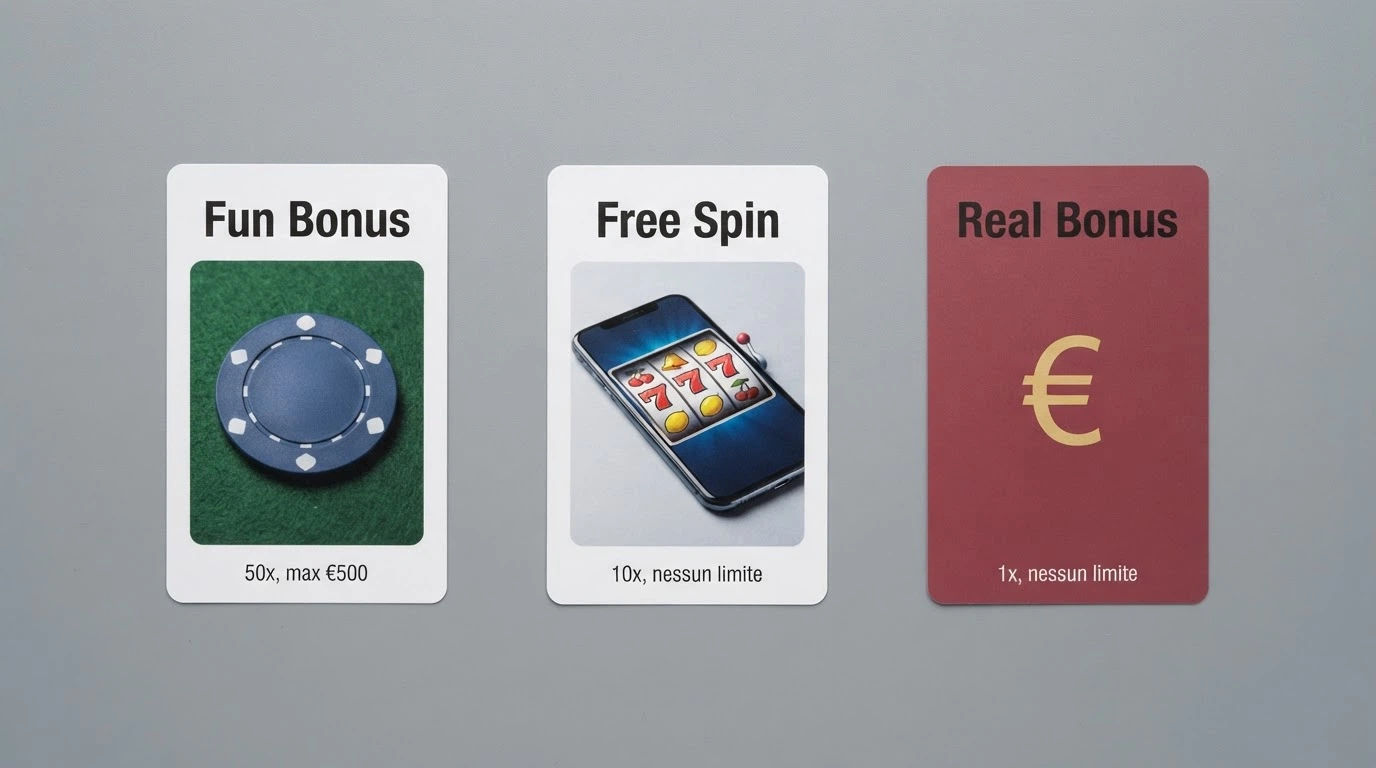 Tre carte da gioco disposte in orizzontale, ciascuna con un'icona e una cifra: Fun Bonus, Free Spin, Real Bonus, con il wagering e il tetto massimo di prelievo sotto ciascuna