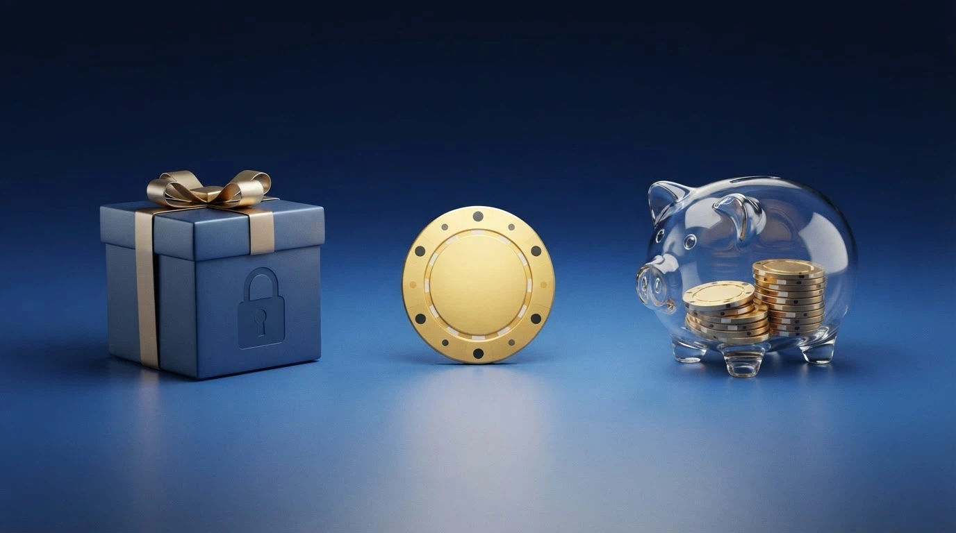Un confronto visivo tra diversi tipi di bonus — un pacco regalo con lucchetto (bonus vincolato), una moneta libera (bonus senza deposito), un salvadanaio con percentuale (cashback)