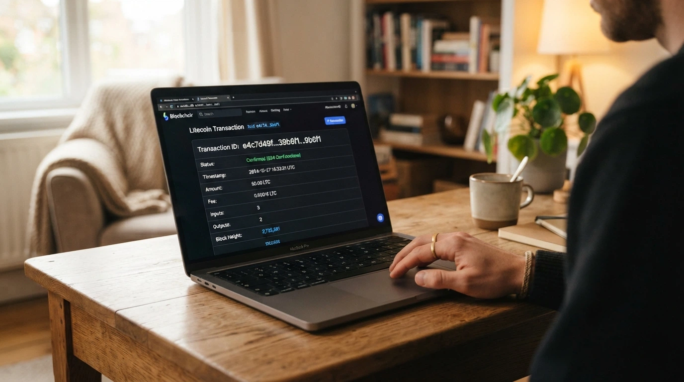 La schermata di un block explorer che mostra una transazione Litecoin confermata con il dettaglio di commissione, tempo e numero di conferme