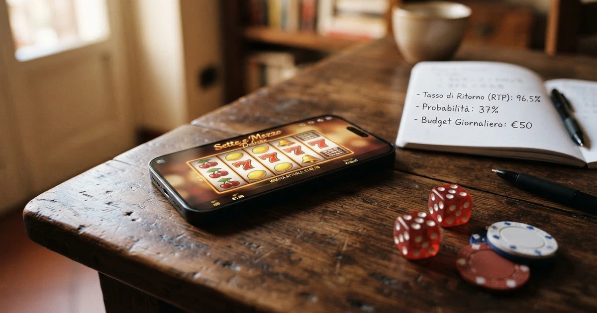 Un primo piano di una slot machine online con i rulli in movimento, affiancata da un'illustrazione che evoca il concetto di probabilità — dadi, percentuali e una calcolatrice in controluce