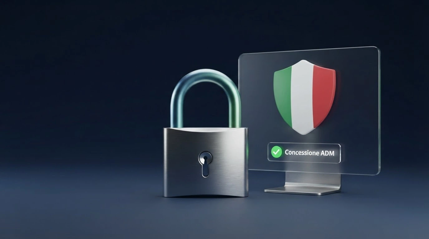 Il logo ufficiale dell'Agenzia delle Dogane e dei Monopoli accanto all'interfaccia di un sito di gioco con il simbolo del lucchetto di sicurezza
