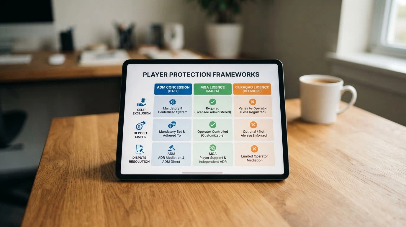 Un diagramma a tre colonne che confronta le tutele del giocatore sotto concessione ADM, licenza MGA e licenza Curaçao, con icone per autoesclusione, limiti di deposito e protezione nelle controversie.