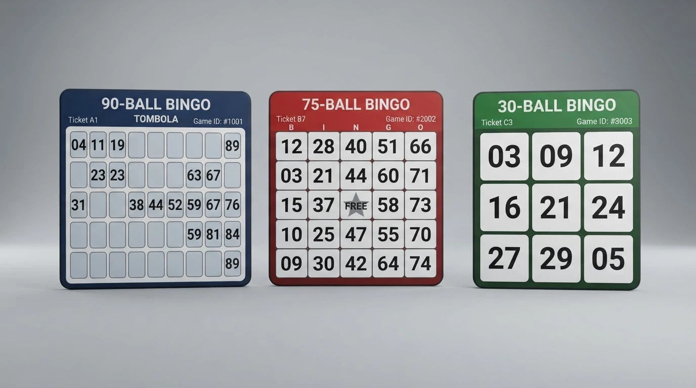 Tre cartelle di bingo affiancate nei formati 90, 75 e 30 palline, con interfaccia di gioco in italiano