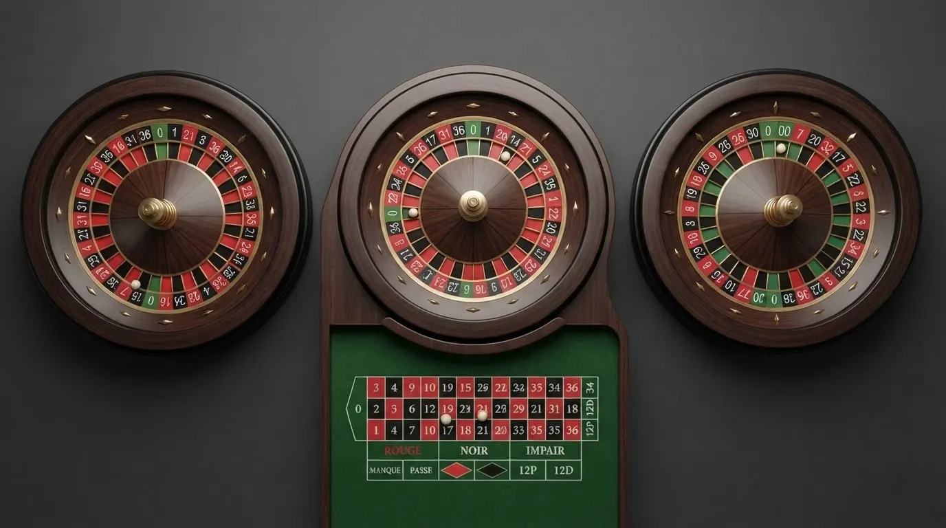 Tre ruote della roulette affiancate che mostrano la diversa disposizione dei numeri: a sinistra la ruota europea con un solo zero verde, al centro la francese con il panno delle puntate, a destra la ruota americana con lo zero e il doppio zero verdi affiancati.